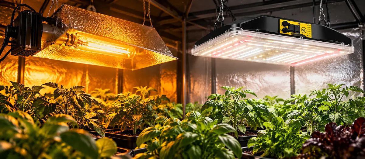LED kweeklamp en HPS kweeklamp vergeleken boven planten.