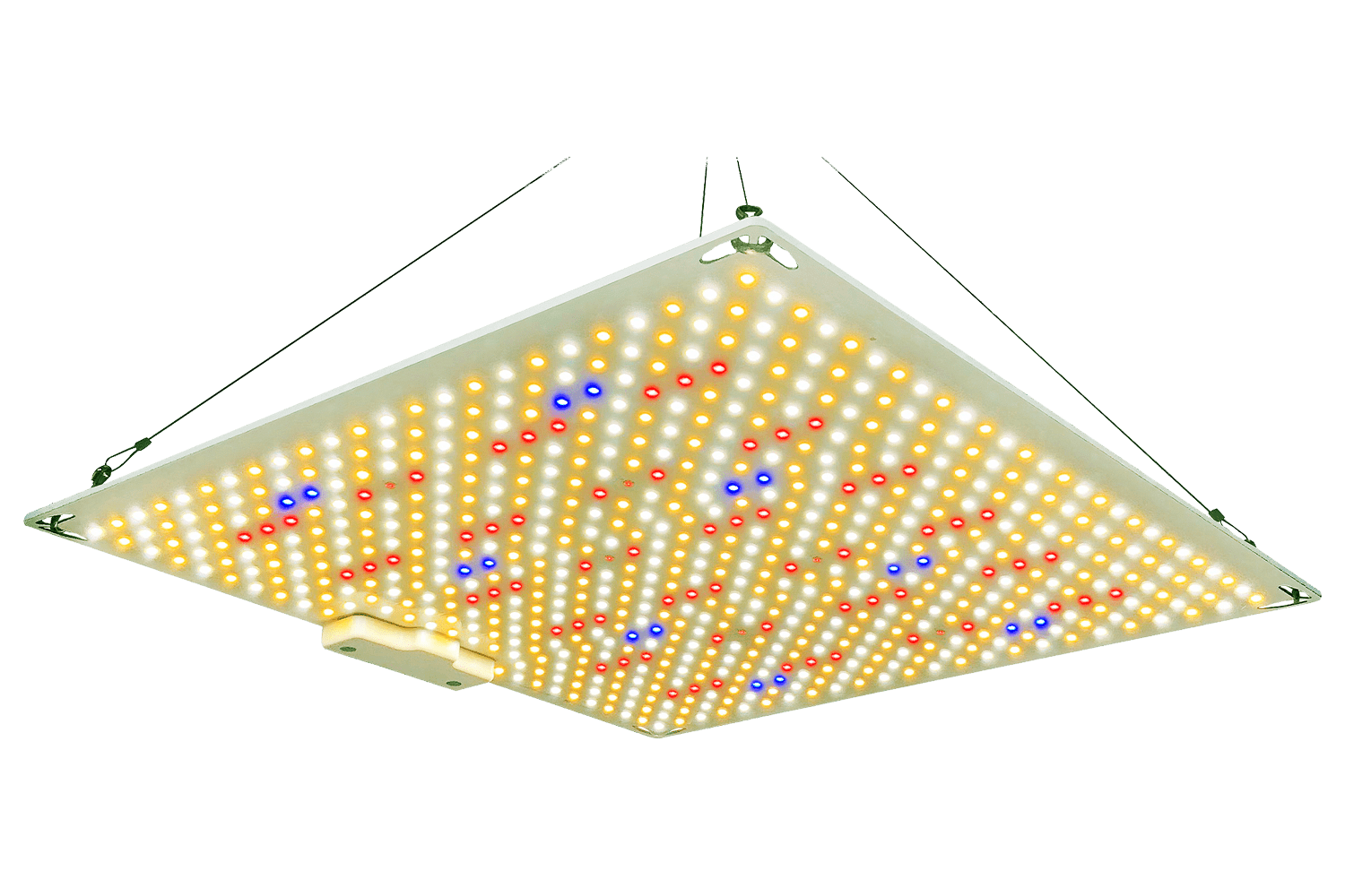 Vierkante Quantum Board met rood, wit en blauwe LEDs en ophangkabels