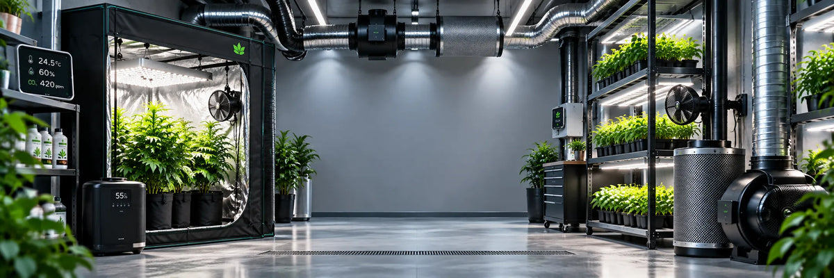 Complete kweekomgeving met kweektent, ventilatie, klimaatregeling en kweekverlichting.