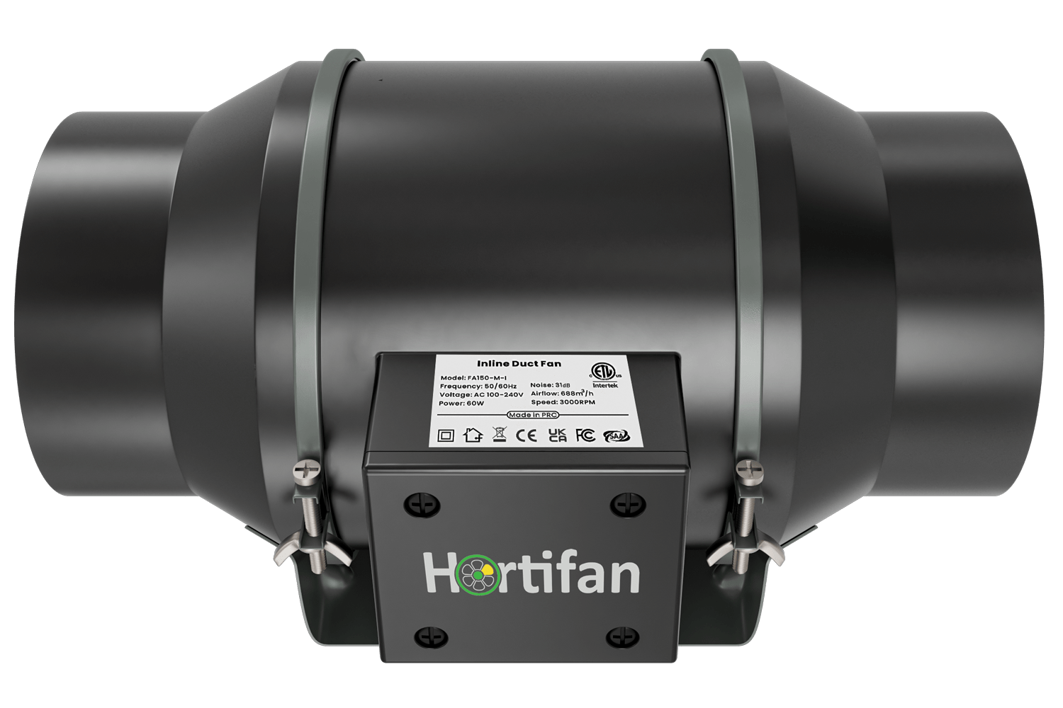 zwarte ventilator met typeplaatje van Hortifan