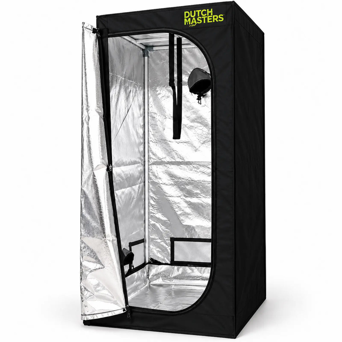 Dutch Masters kweektent met zwart tentdoek en hoog reflecterend Mylar binnenzijde.