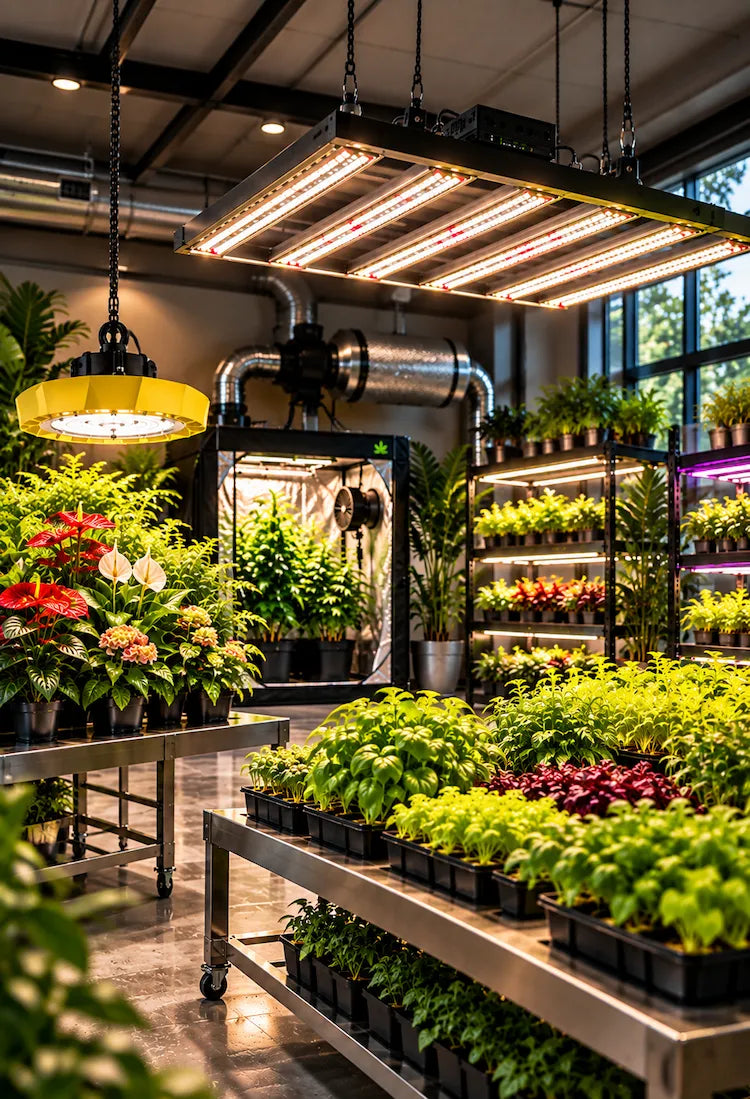 LED kweeklampen boven verschillende groene en bloeiende planten.