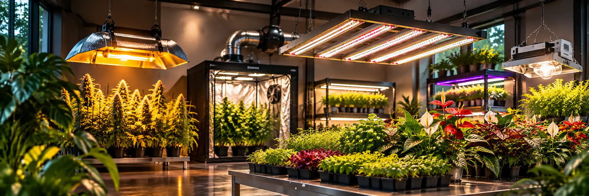 Professionele kweekruimte met LED, HPS en CMH kweekverlichting boven verschillende planten.