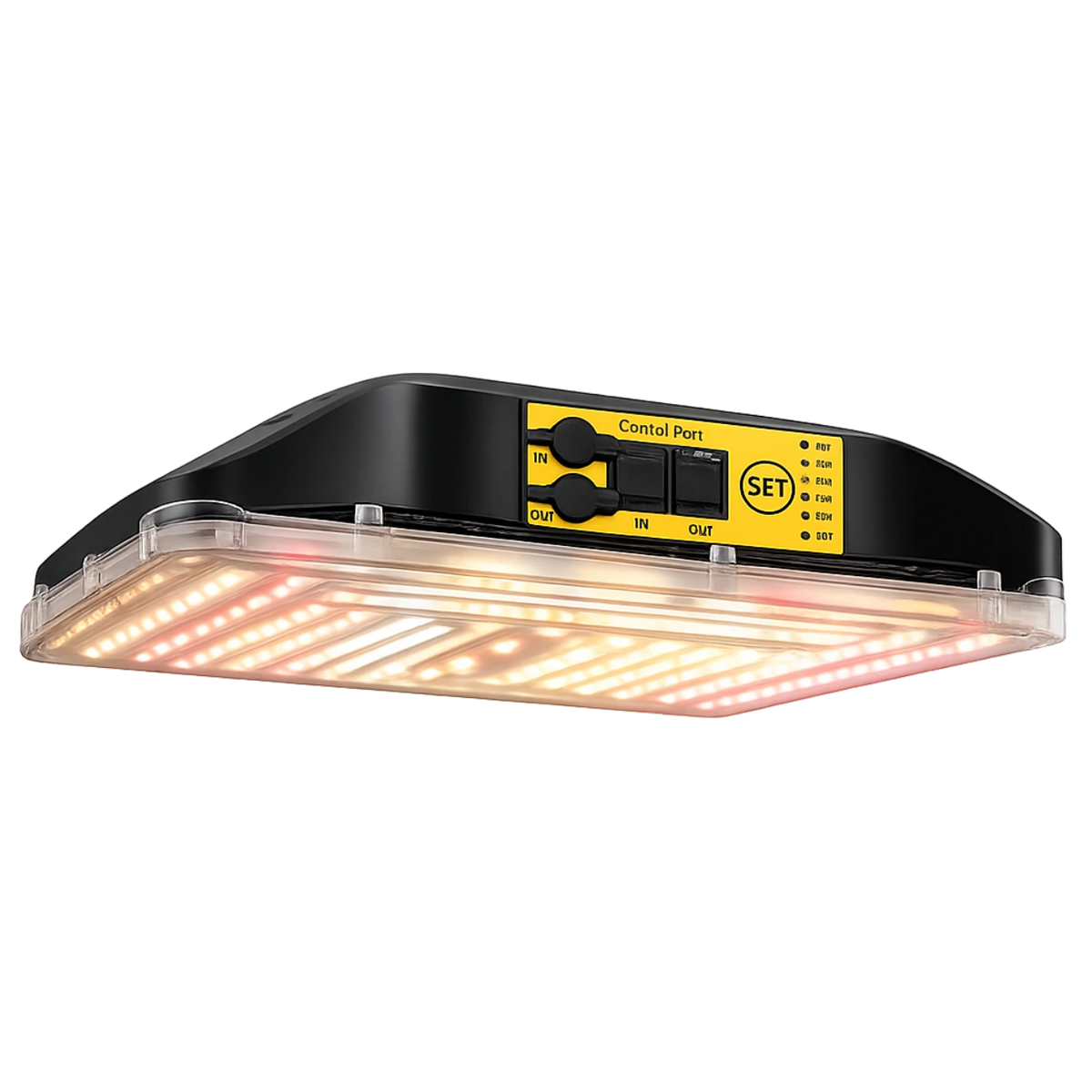 Spectrabox Drone LED-kweeklamp ingeschakeld met zichtbaar bedieningspaneel en brandende LEDs.