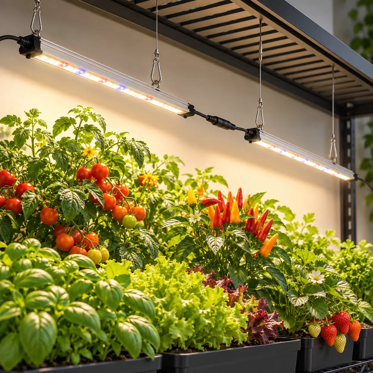 4Twenty LED Bar kweeklampen boven kweekrek met vruchtdragende planten.
