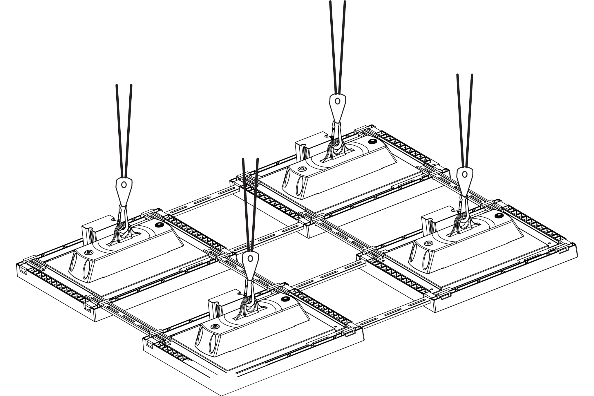 Tekening van 4 met stalen profielen gekoppelde 420 System LED kweeklampen die elk hangen aan een Rope Ratchet hanger