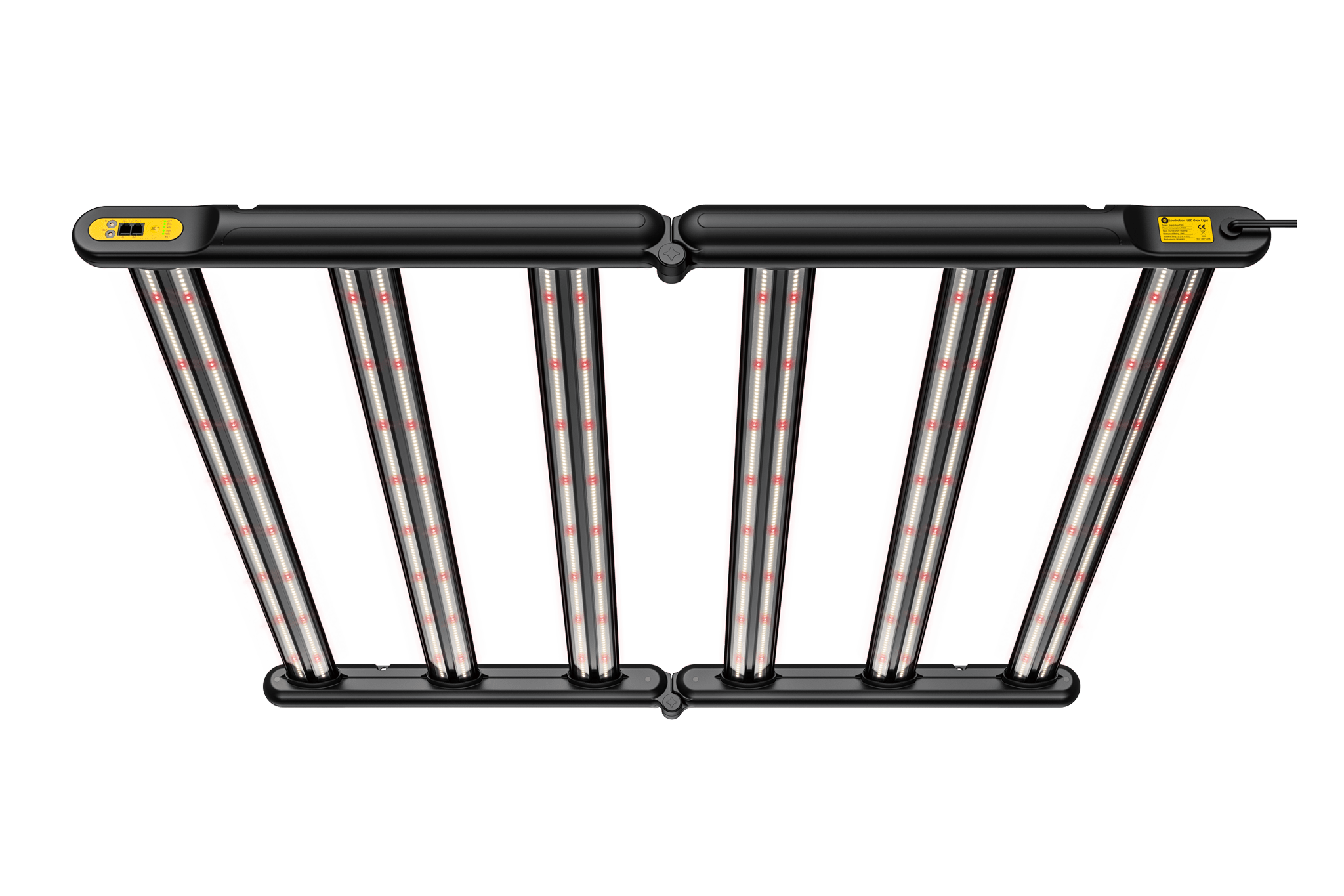 Vooraanzicht zwarte frame met 6 led balken daartussen en een geel Control Panel van de Spectrabox PRO kweeklamp