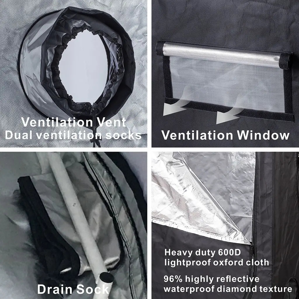 Dutch Masters kweektenten details van ventilatieopeningen, tentdoek en opvangbak.