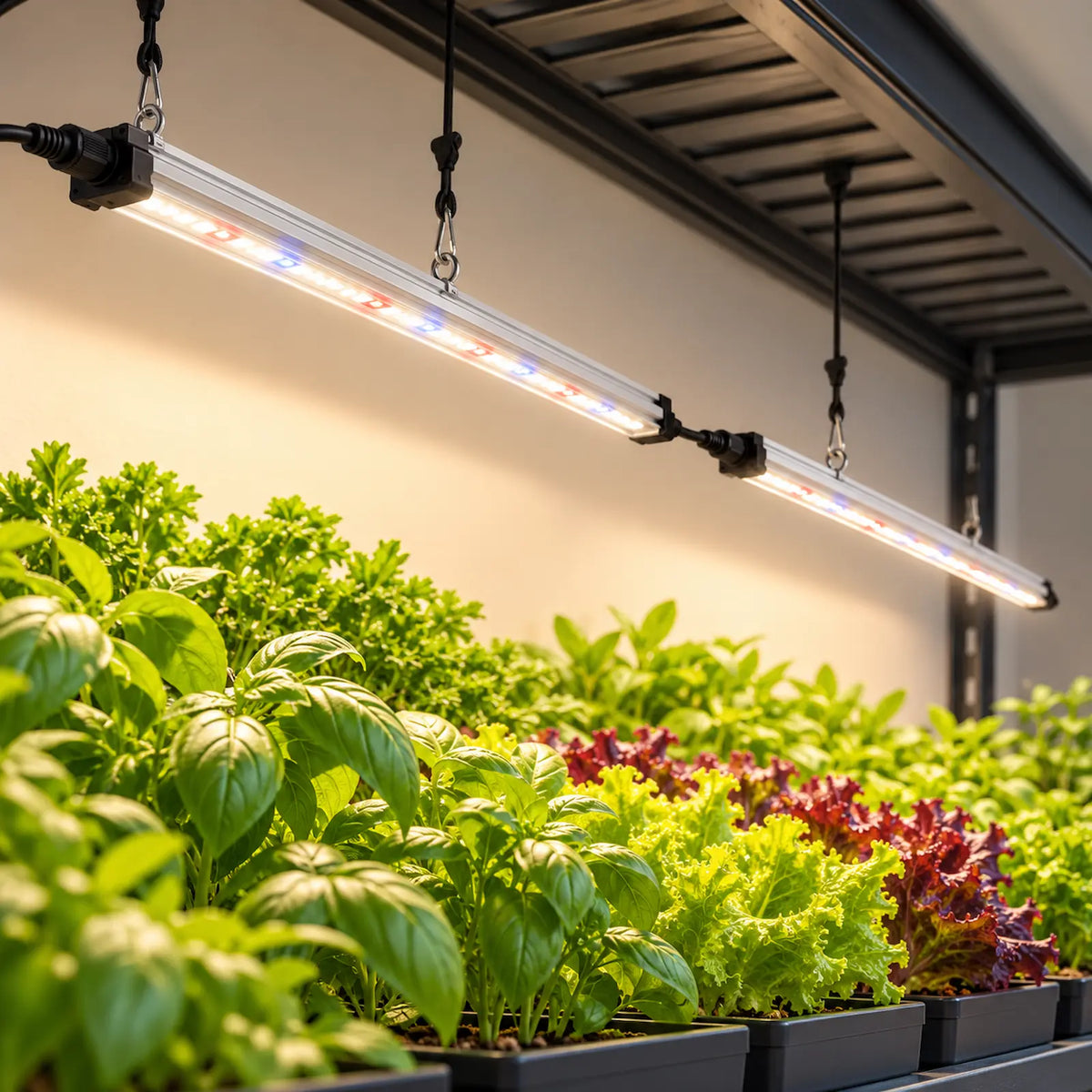 Hangende 4Twenty LED Bar groeilampen boven groene kruiden.