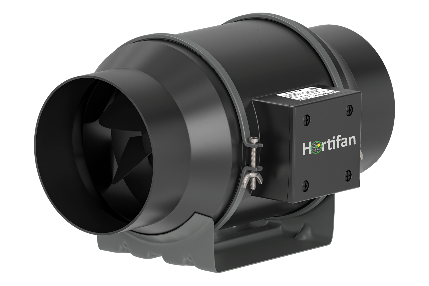Zwarte ventilator met Hortifan logo
