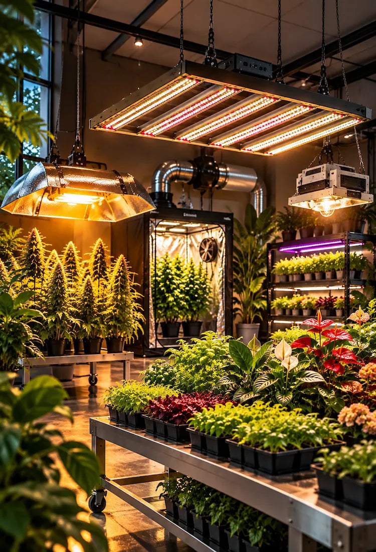 Professionele kweekruimte met LED, HPS en CMH kweekverlichting boven verschillende planten.