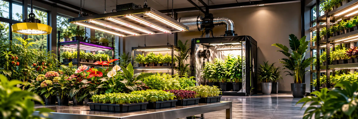 LED kweeklampen boven verschillende groene en bloeiende planten.