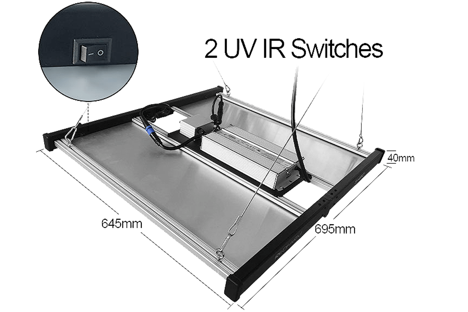 Afmetingen frame 480W SolarLUX Quantum Board en Spectrum schakelaar