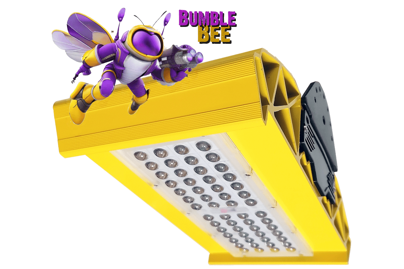 Spectrabox kweeklamp met zwart geel paars futuristisch vliegend Bumble Bee poppetje