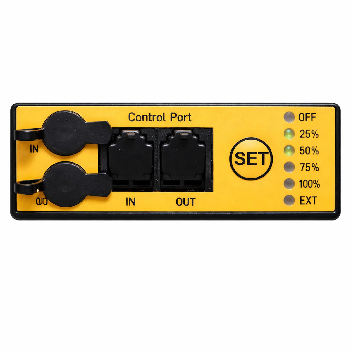 Gele Control Port LED bedieningspaneel van Spectrabox Drone kweeklamp.