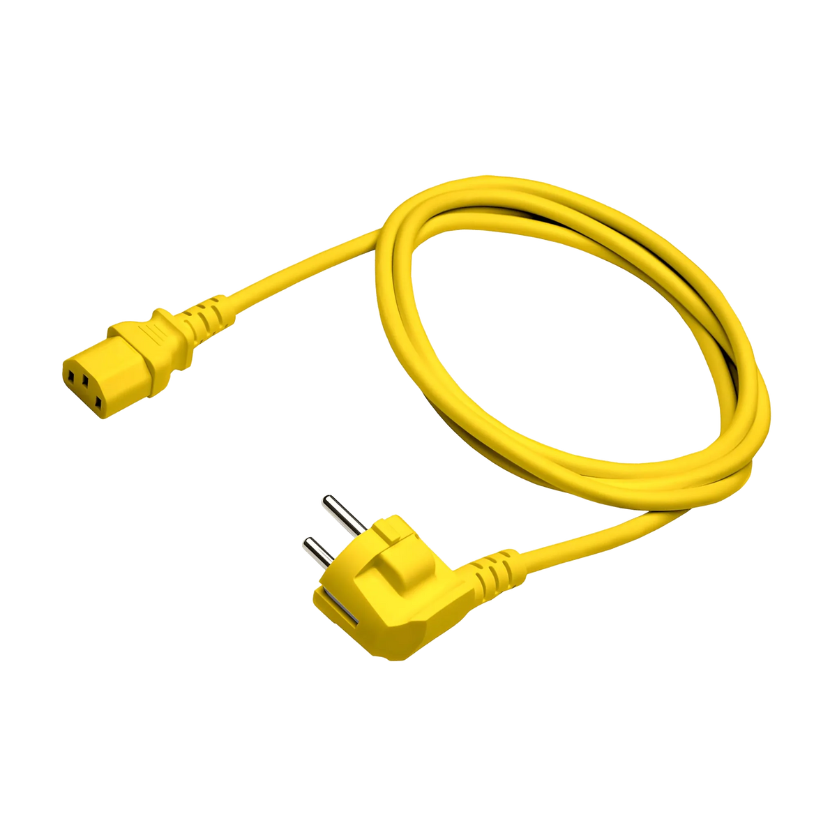 Opgerold geel EU apparaat snoer met Schuko stekker en C13 connector, met een lengte van 2 meter voor Spectrabox.