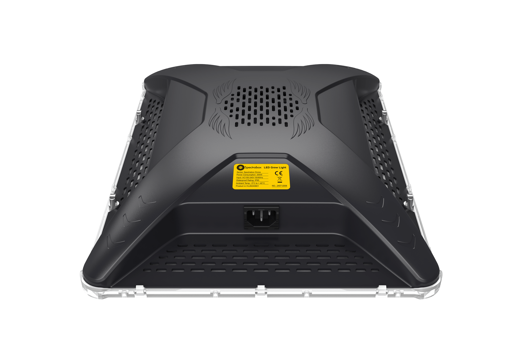 Achterzijde met typeplaatje en netsnoer aansluiting 200W Spectrabox Drone