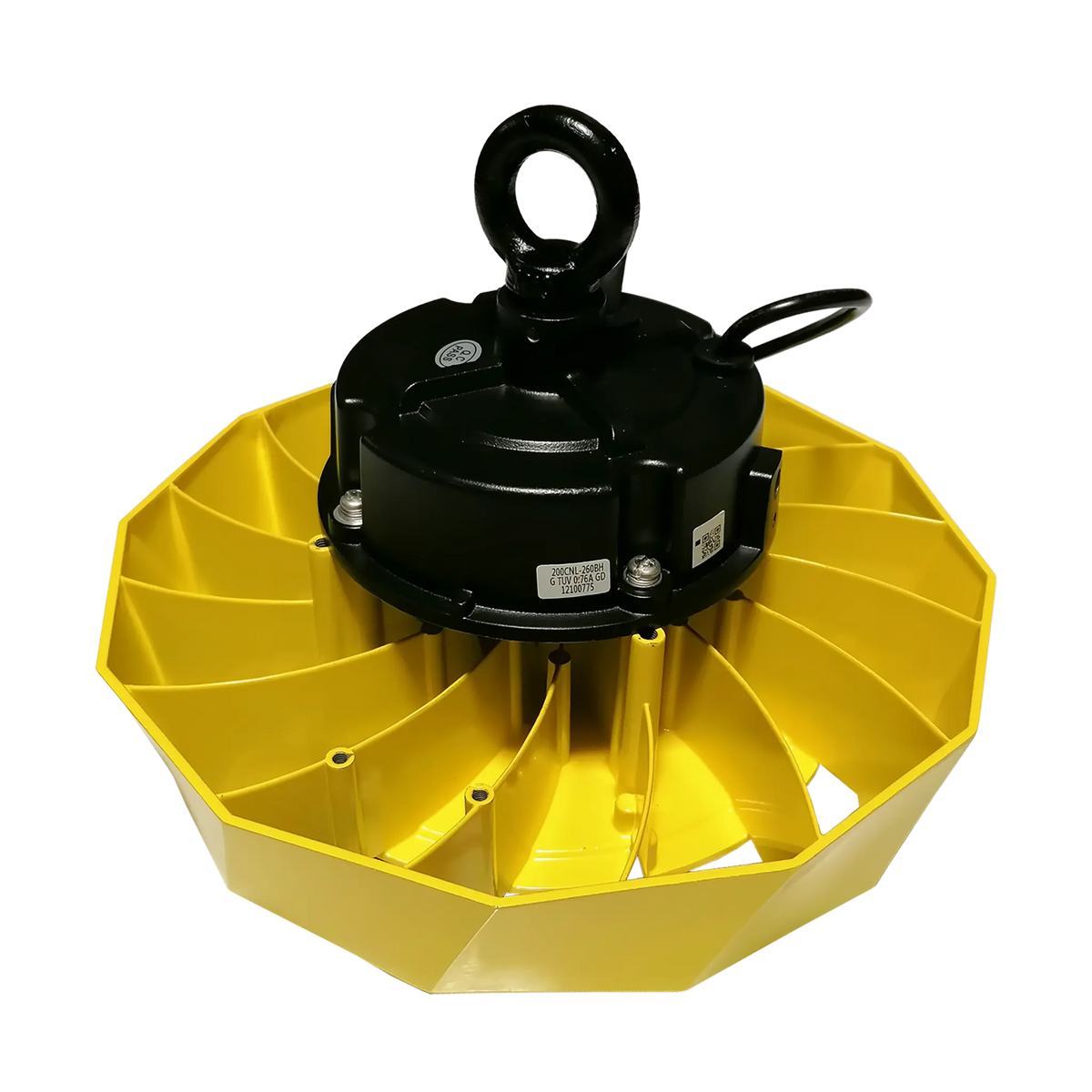 Spectrabox UFO met geel koelframe en LED driver met ophangoog.